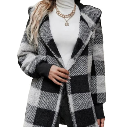 Women’s Checkered Fleece Cardigan – Soft Hooded Plaid Coat