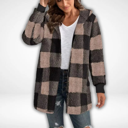 Women’s Checkered Fleece Cardigan – Soft Hooded Plaid Coat