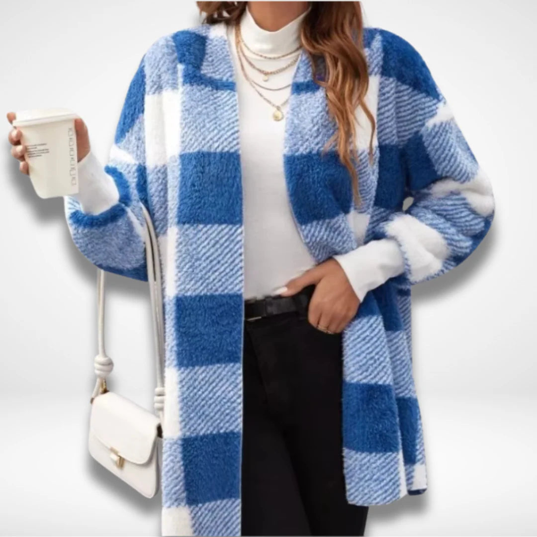 Women’s Checkered Fleece Cardigan – Soft Hooded Plaid Coat