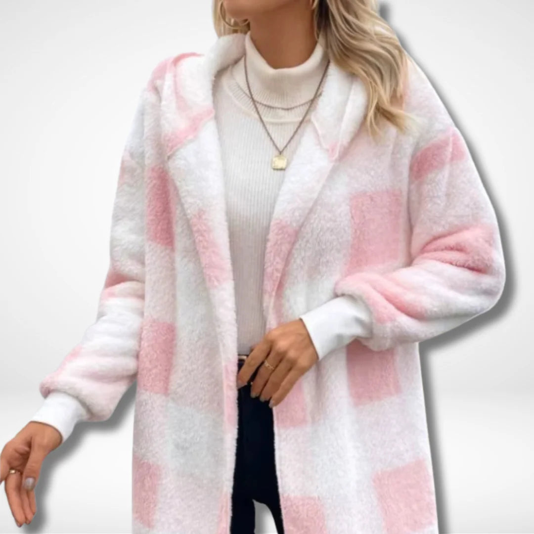 Women’s Checkered Fleece Cardigan – Soft Hooded Plaid Coat