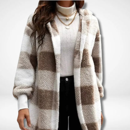 Women’s Checkered Fleece Cardigan – Soft Hooded Plaid Coat