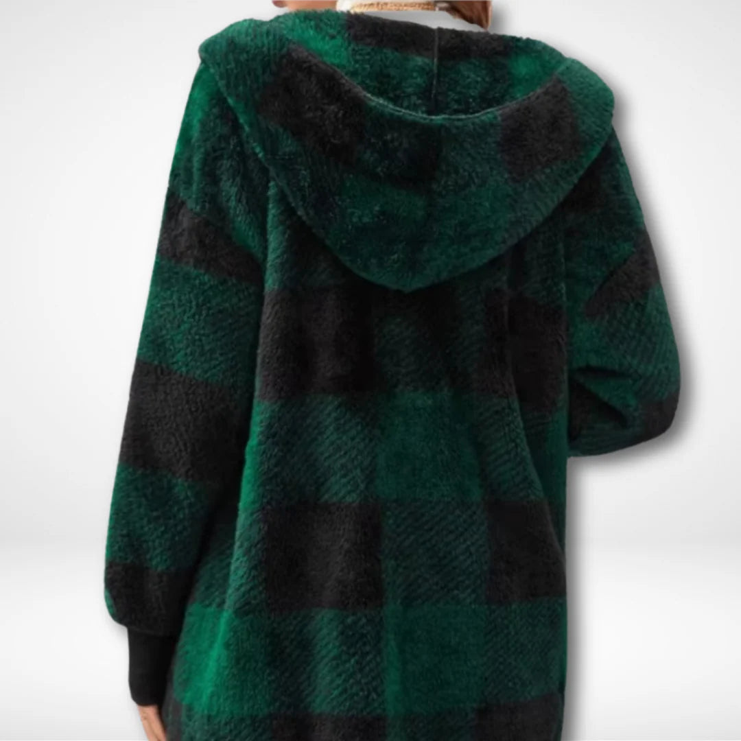 Women’s Checkered Fleece Cardigan – Soft Hooded Plaid Coat
