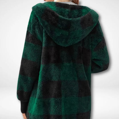 Women’s Checkered Fleece Cardigan – Soft Hooded Plaid Coat