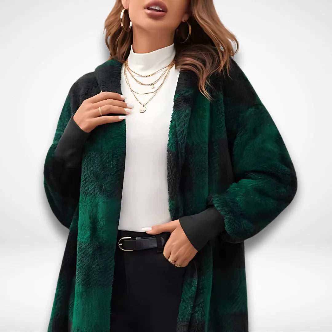 Women’s Checkered Fleece Cardigan – Soft Hooded Plaid Coat