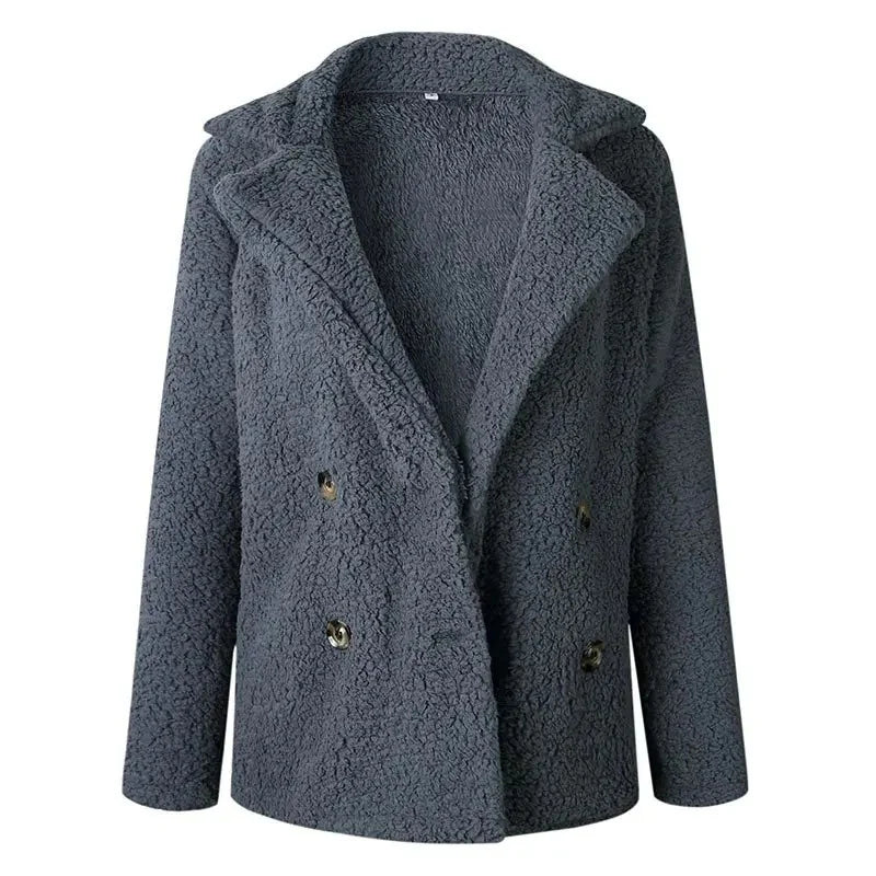 Women’s Double-Breasted Fleece Coat – Notched Lapel Collar, Button Front, Textured Finish – Cozy Outerwear for Fall and Winter