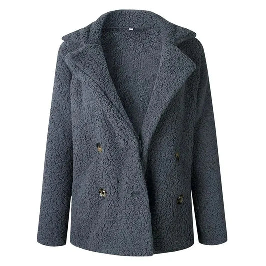 Women’s Double-Breasted Fleece Coat – Notched Lapel Collar, Button Front, Textured Finish – Cozy Outerwear for Fall and Winter