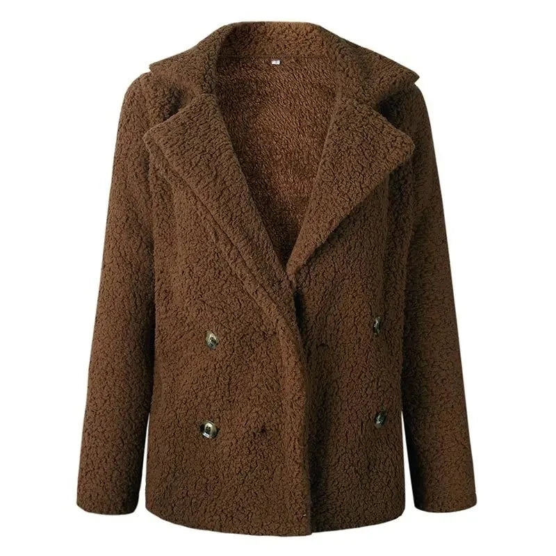 Women’s Double-Breasted Fleece Coat – Notched Lapel Collar, Button Front, Textured Finish – Cozy Outerwear for Fall and Winter