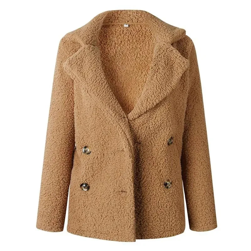 Women’s Double-Breasted Fleece Coat – Notched Lapel Collar, Button Front, Textured Finish – Cozy Outerwear for Fall and Winter