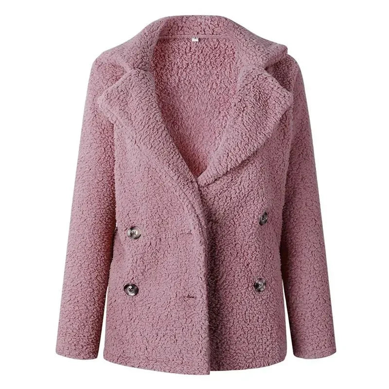 Women’s Double-Breasted Fleece Coat – Notched Lapel Collar, Button Front, Textured Finish – Cozy Outerwear for Fall and Winter