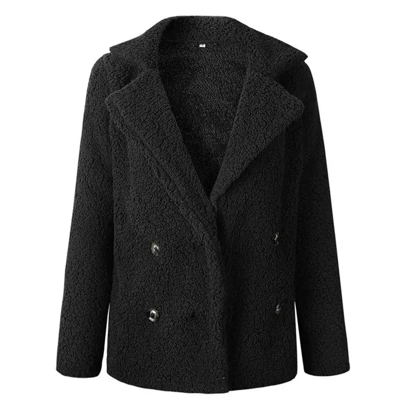 Women’s Double-Breasted Fleece Coat – Notched Lapel Collar, Button Front, Textured Finish – Cozy Outerwear for Fall and Winter