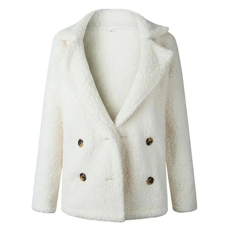 Women’s Double-Breasted Fleece Coat – Notched Lapel Collar, Button Front, Textured Finish – Cozy Outerwear for Fall and Winter