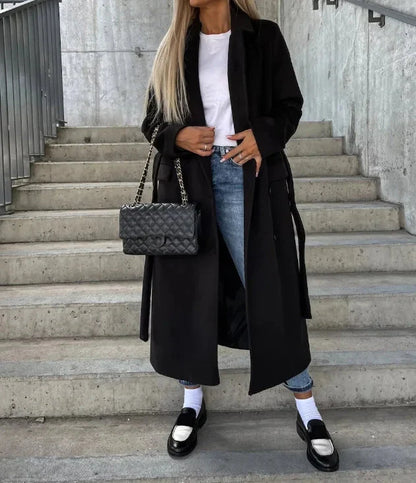 Women’s Double-Breasted Wool Blend Coat – Fall Outerwear With Belted Silhouette