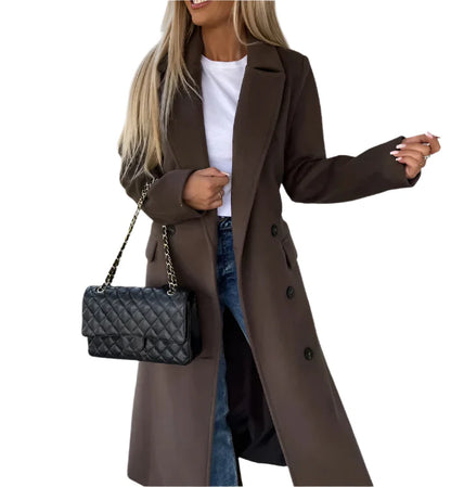 Women’s Double-Breasted Wool Blend Coat – Fall Outerwear With Belted Silhouette