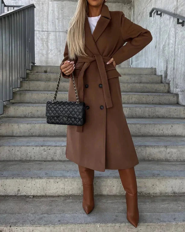 Women’s Double-Breasted Wool Blend Coat – Fall Outerwear With Belted Silhouette