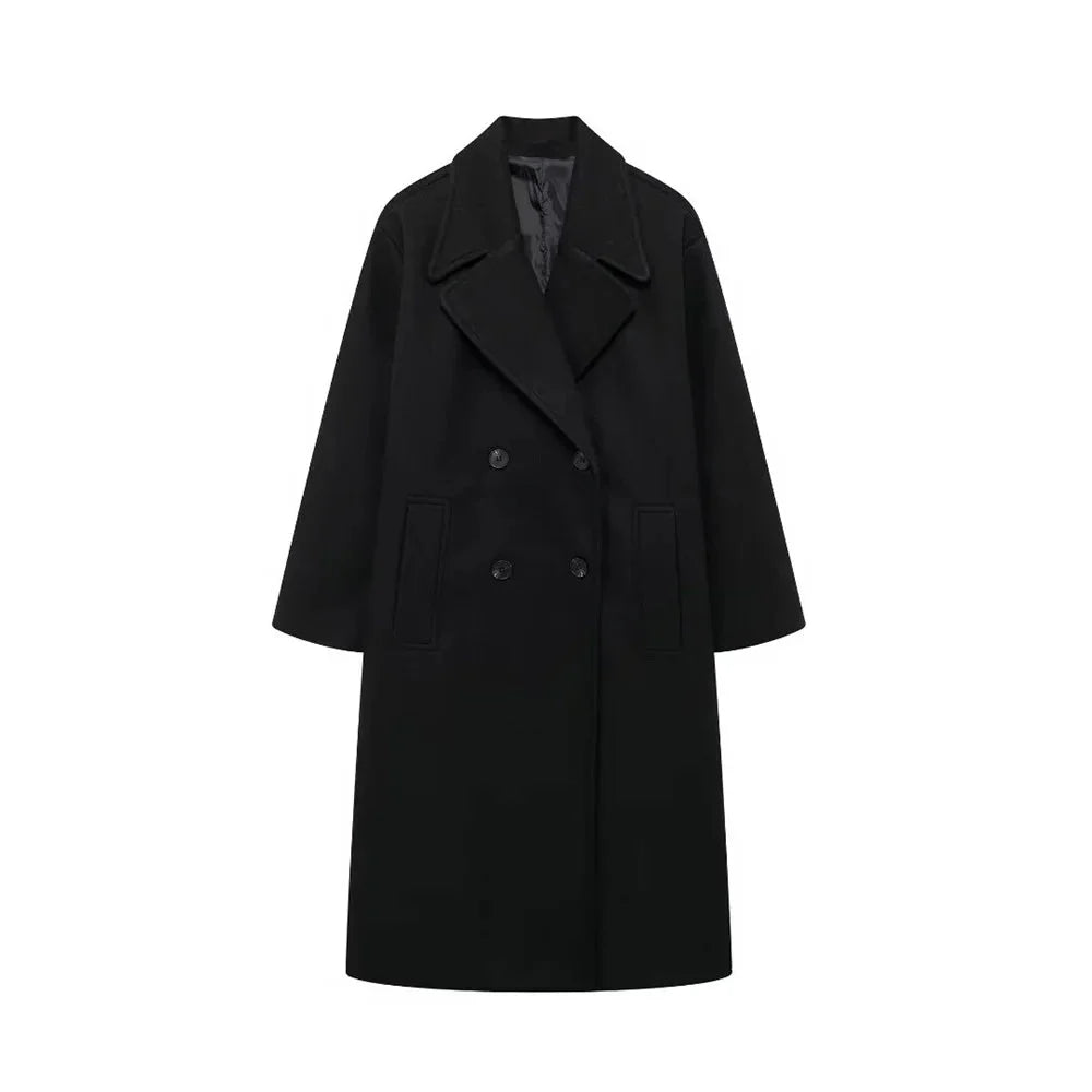Women’s Double-Breasted Wool Coat – Long Elegant Winter Overcoat