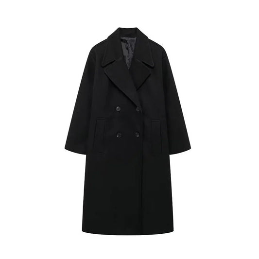 Women’s Double-Breasted Wool Coat – Long Elegant Winter Overcoat