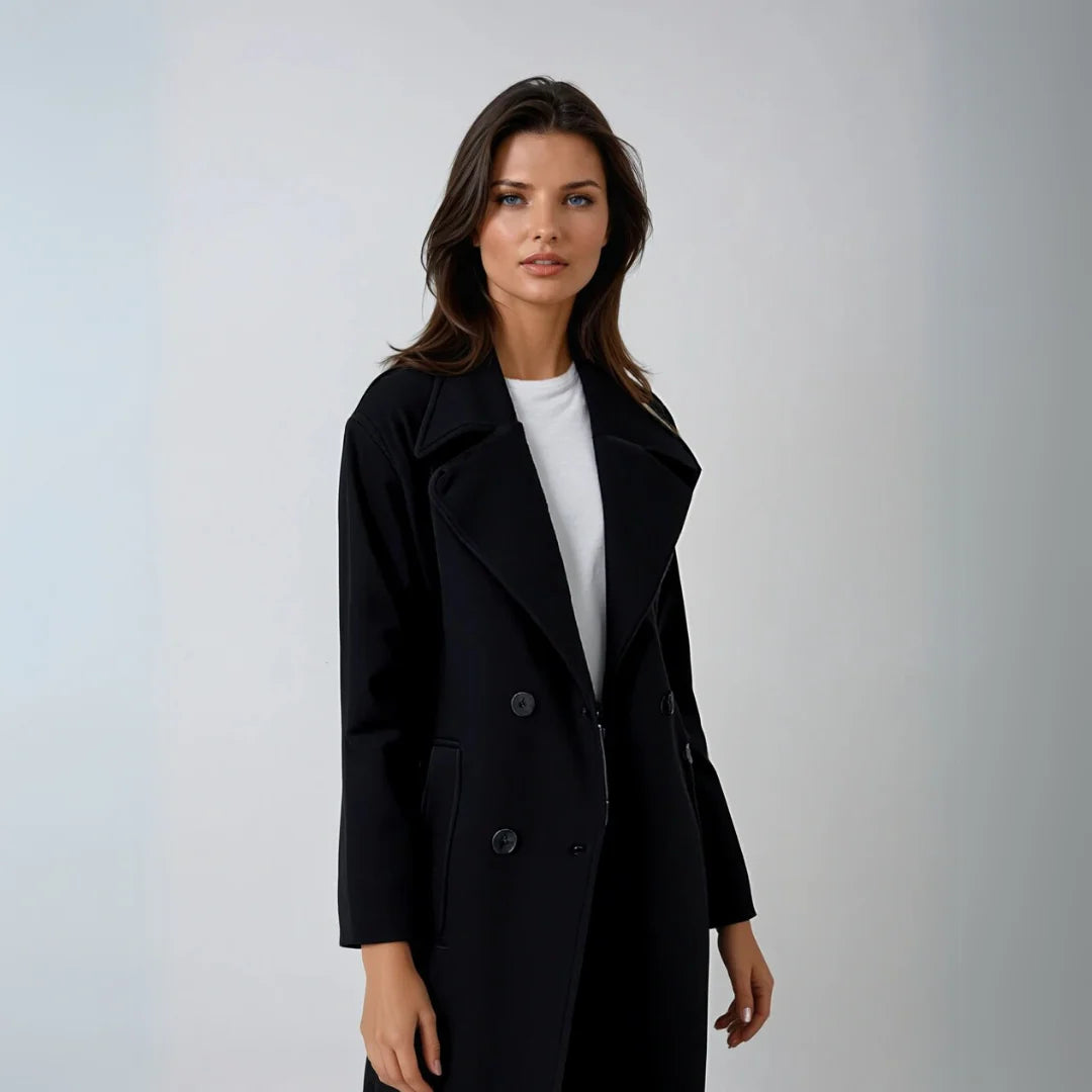 Women’s Double-Breasted Wool Coat – Long Elegant Winter Overcoat