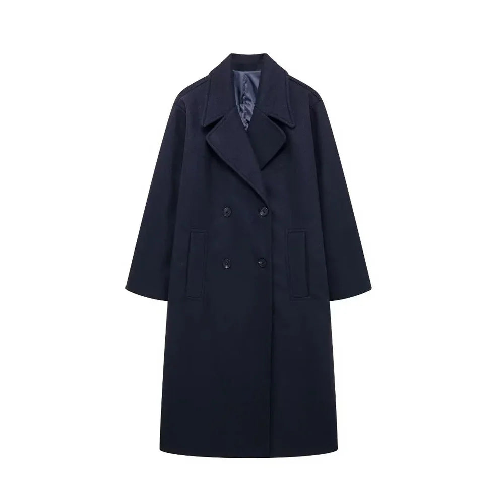 Women’s Double-Breasted Wool Coat – Long Elegant Winter Overcoat