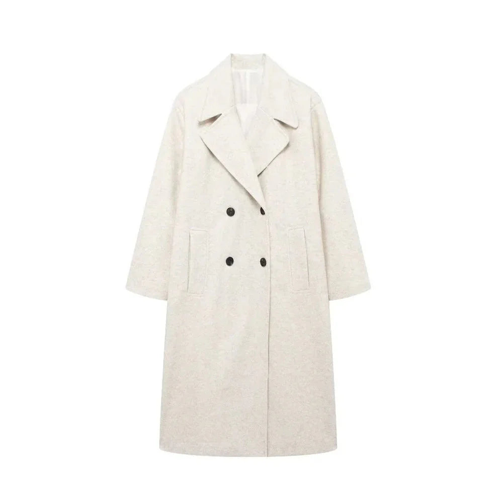 Women’s Double-Breasted Wool Coat – Long Elegant Winter Overcoat