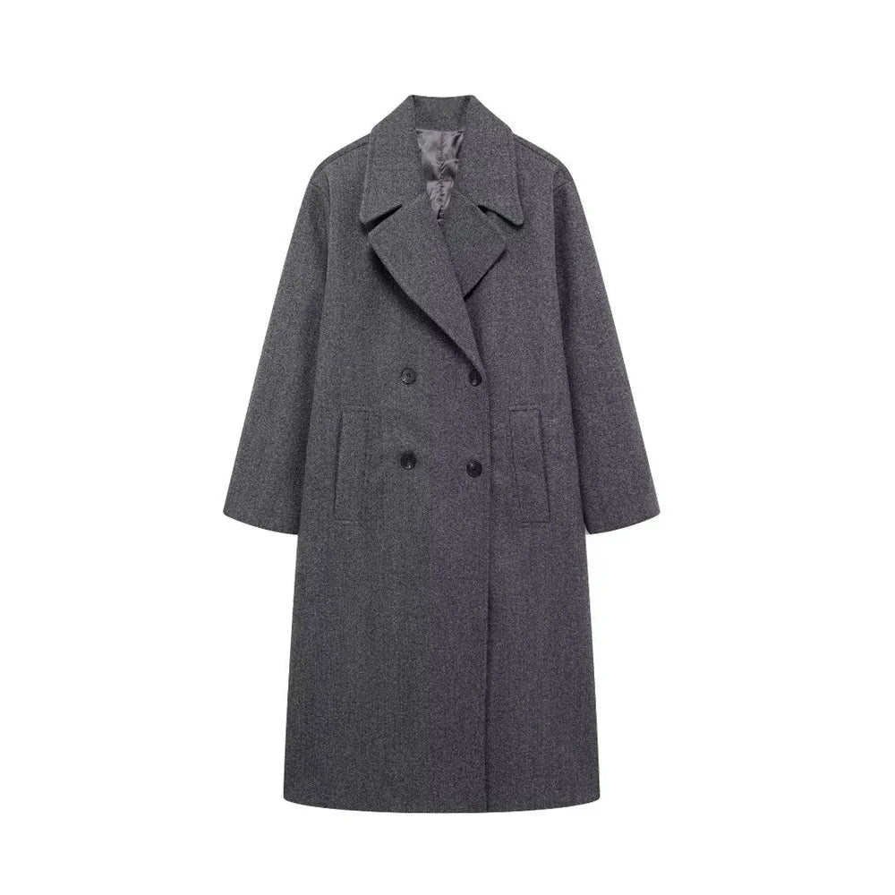 Women’s Double-Breasted Wool Coat – Long Elegant Winter Overcoat