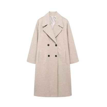 Women’s Double-Breasted Wool Coat – Long Elegant Winter Overcoat