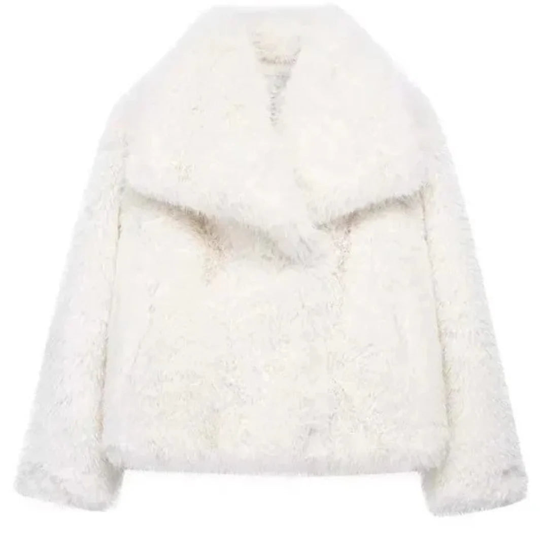Women’s Faux Fur Jacket – Short Length, Lapel Collar, Winter Outerwear
