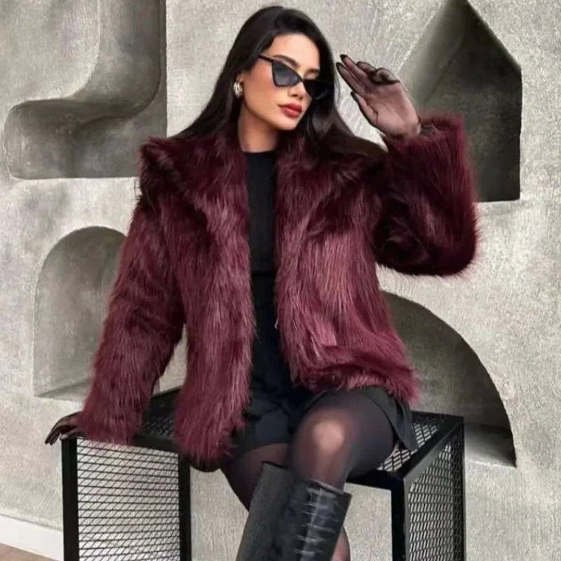 Women’s Faux Fur Jacket – Elegant Plush Outerwear with Lapel Collar, Short Design