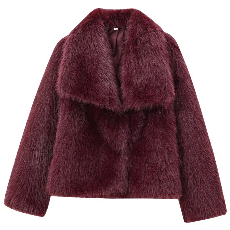 Women’s Faux Fur Jacket – Elegant Plush Outerwear with Lapel Collar, Short Design