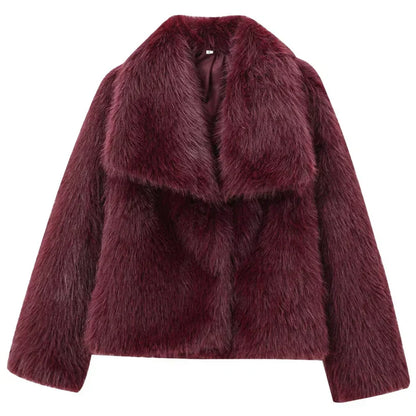Women’s Faux Fur Jacket – Elegant Plush Outerwear with Lapel Collar, Short Design