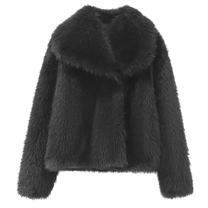Women’s Faux Fur Jacket – Elegant Plush Outerwear with Lapel Collar, Short Design