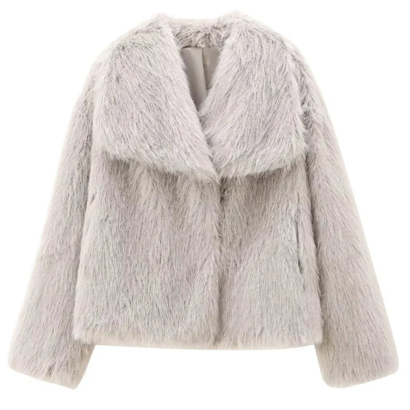 Women’s Faux Fur Jacket – Elegant Plush Outerwear with Lapel Collar, Short Design
