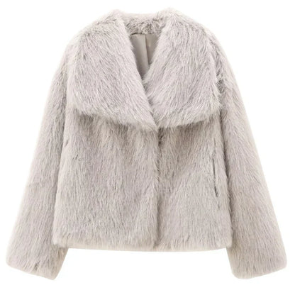 Women’s Faux Fur Jacket – Elegant Plush Outerwear with Lapel Collar, Short Design