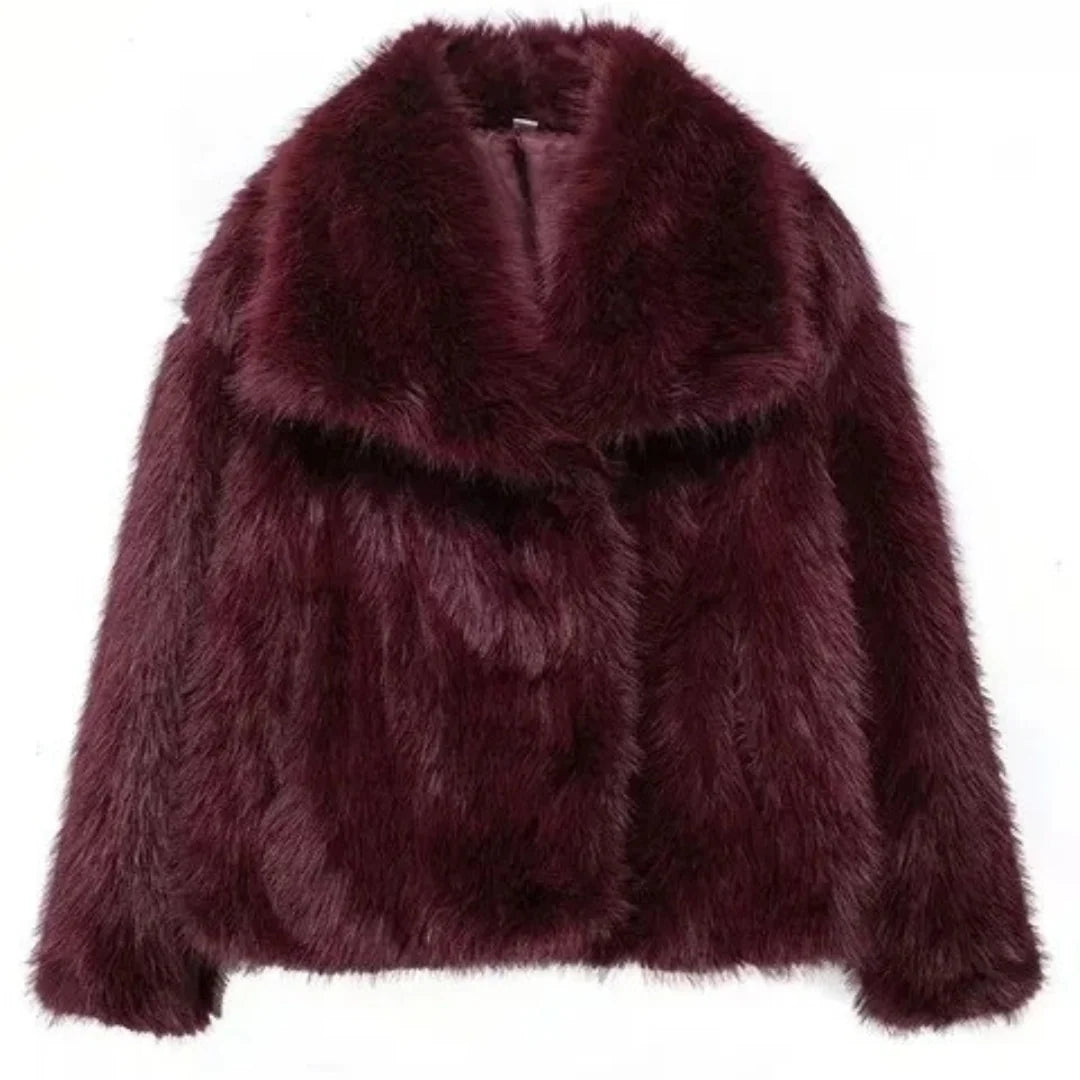 Women’s Faux Fur Jacket – Short Length, Lapel Collar, Winter Outerwear