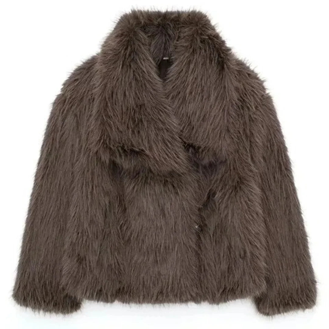 Women’s Faux Fur Jacket – Short Length, Lapel Collar, Winter Outerwear