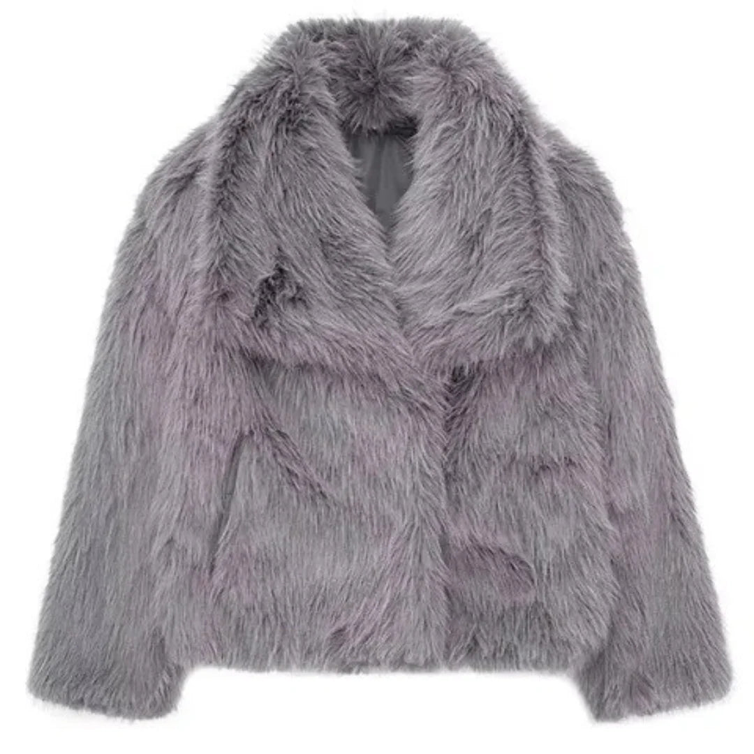 Women’s Faux Fur Jacket – Short Length, Lapel Collar, Winter Outerwear