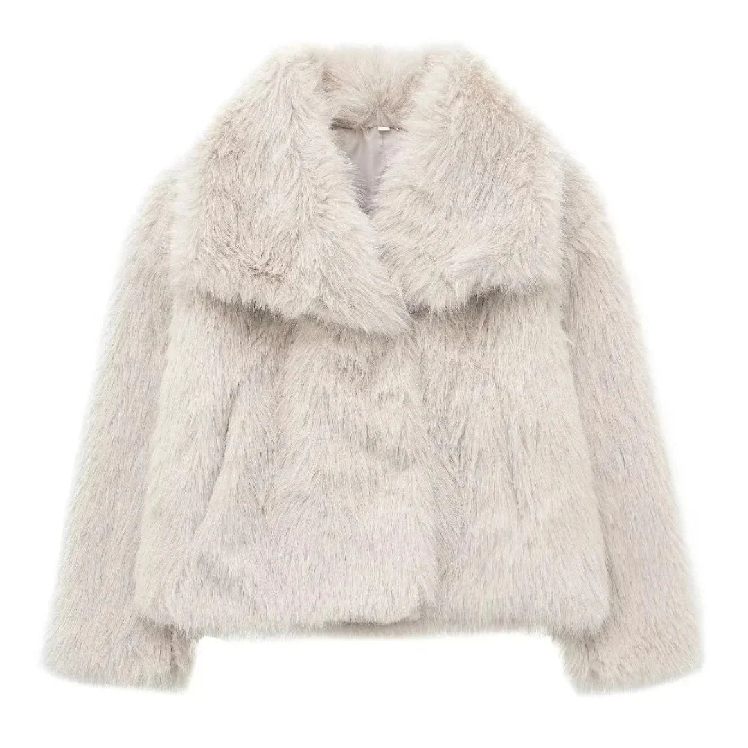 Women’s Faux Fur Jacket – Short Length, Lapel Collar, Winter Outerwear