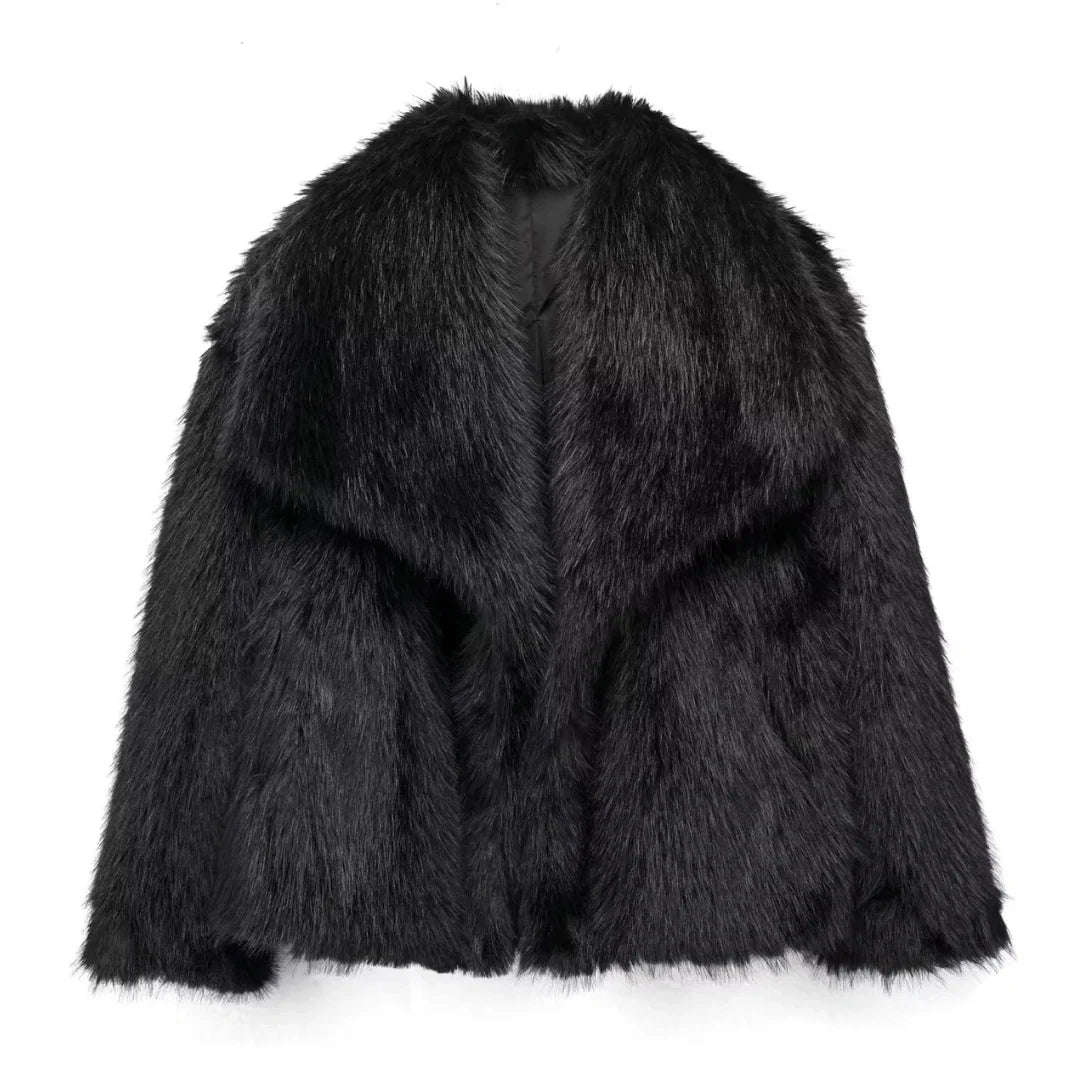 Women’s Faux Fur Jacket – Short Length, Lapel Collar, Winter Outerwear