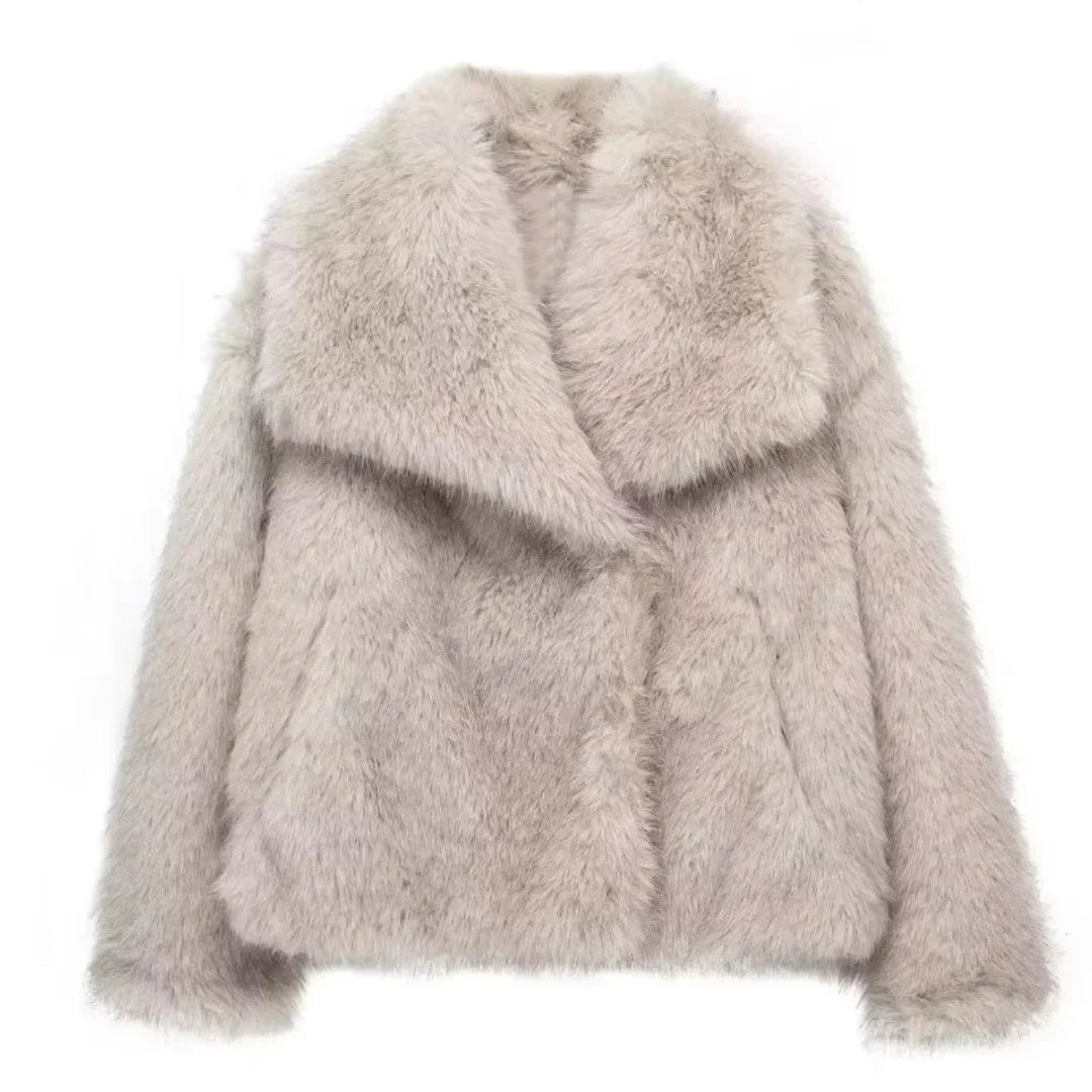 Women’s Faux Fur Jacket – Short Length, Lapel Collar, Winter Outerwear