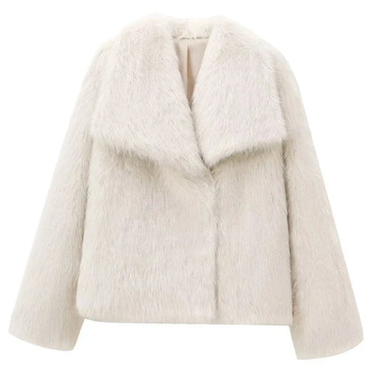 Women’s Faux Fur Jacket – Elegant Plush Outerwear with Lapel Collar, Short Design