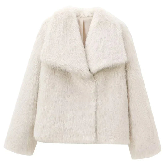 Women’s Faux Fur Jacket – Elegant Plush Outerwear with Lapel Collar, Short Design