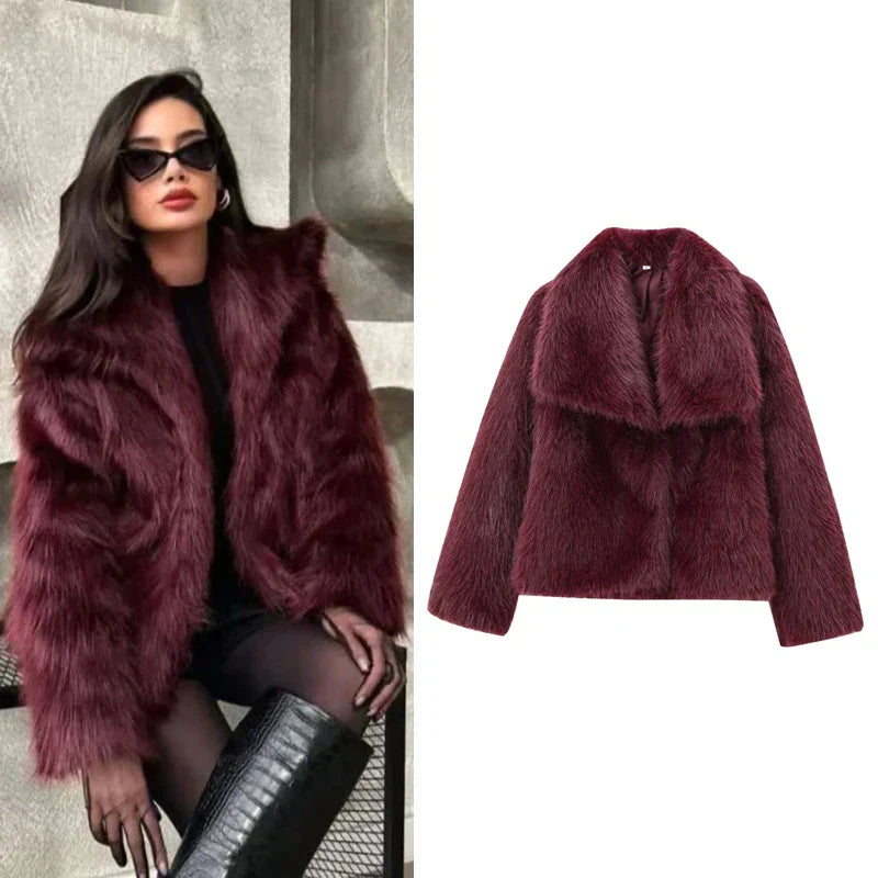Women’s Faux Fur Jacket – Elegant Plush Outerwear with Lapel Collar, Short Design