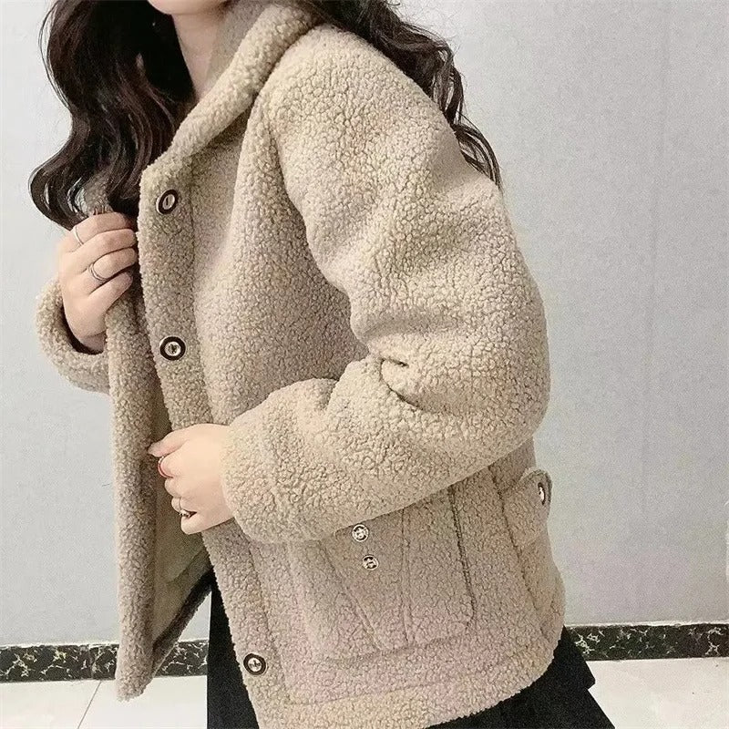 Women’s Fleece-Lined Winter Jacket – Button-Up, Thick Plush Interior, Warm Casual Outerwear