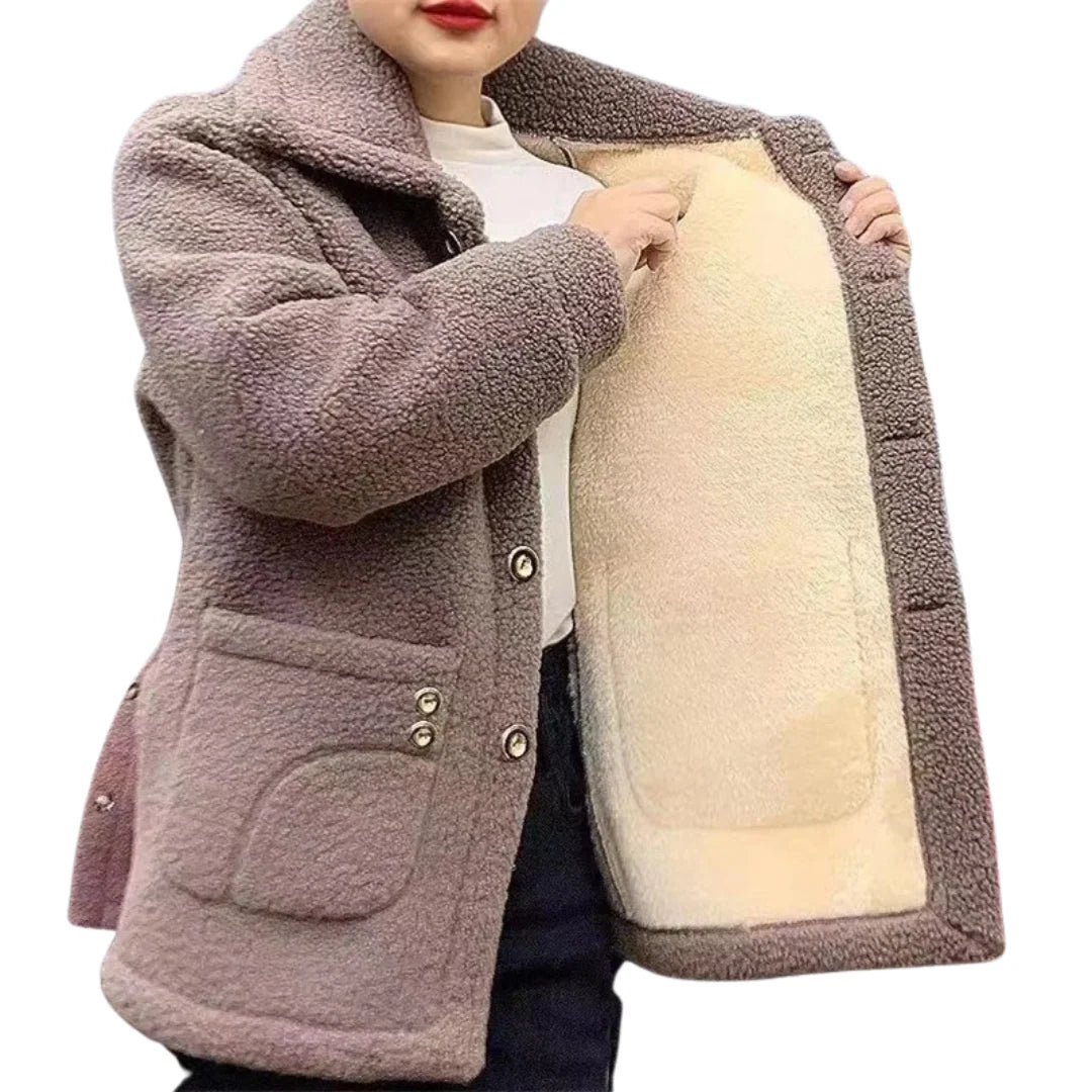 Women’s Fleece-Lined Winter Jacket – Button-Up, Thick Plush Interior, Warm Casual Outerwear