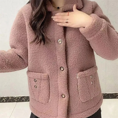 Women’s Fleece-Lined Winter Jacket – Button-Up, Thick Plush Interior, Warm Casual Outerwear