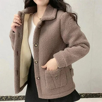 Women’s Fleece-Lined Winter Jacket – Button-Up, Thick Plush Interior, Warm Casual Outerwear