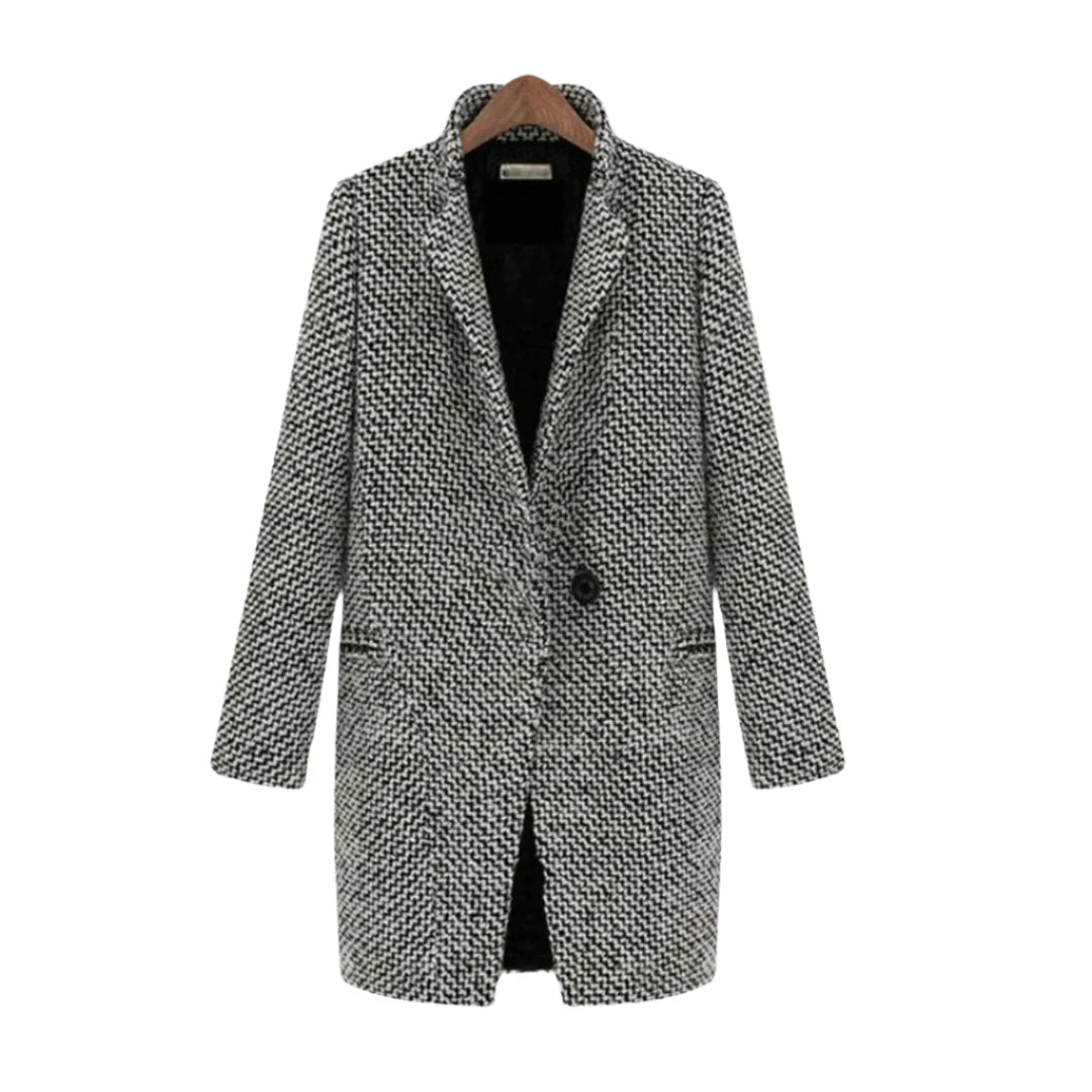 Women’s Houndstooth Wool Coat – Classic Long Blazer-Style Overcoat