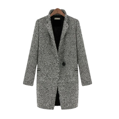 Women’s Houndstooth Wool Coat – Classic Long Blazer-Style Overcoat