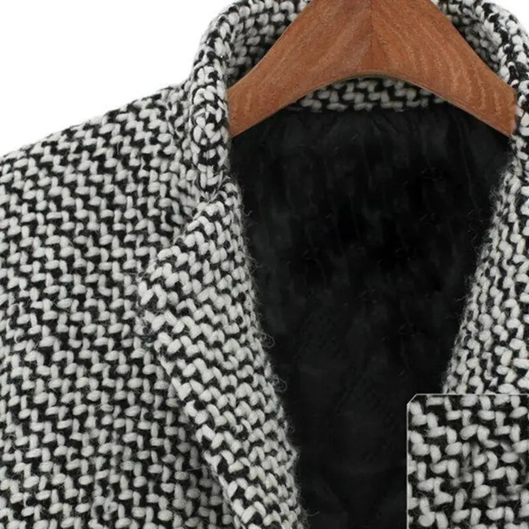 Women’s Houndstooth Wool Coat – Classic Long Blazer-Style Overcoat