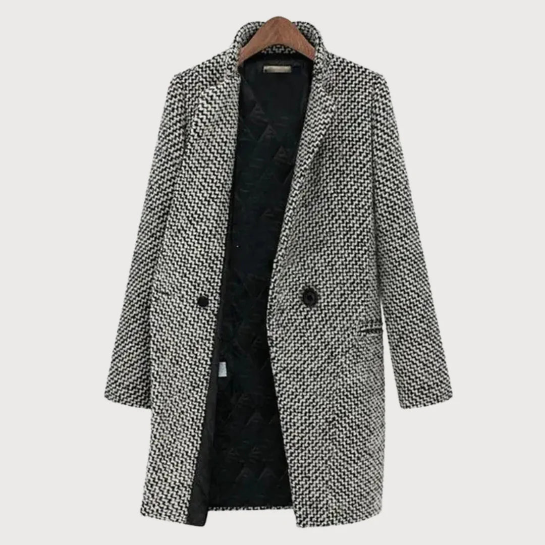 Women’s Houndstooth Wool Coat – Classic Long Blazer-Style Overcoat