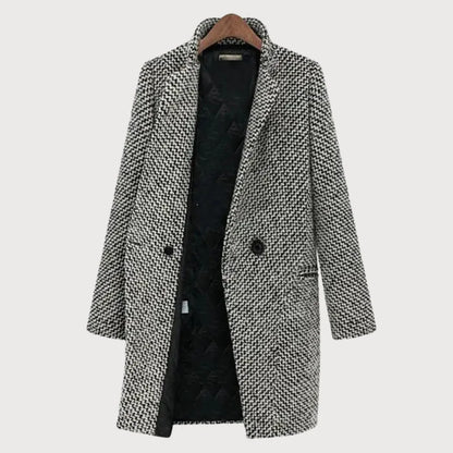 Women’s Houndstooth Wool Coat – Classic Long Blazer-Style Overcoat